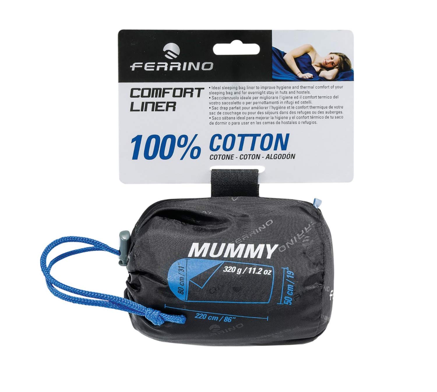 ferrino-comfort-liner-mummy-sacco-lenzuolo-in-cotone-azzurro-220x80x50-cm image 2